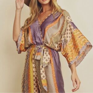 Patchwork Wrap Dress in Mustard, Navy & Cream